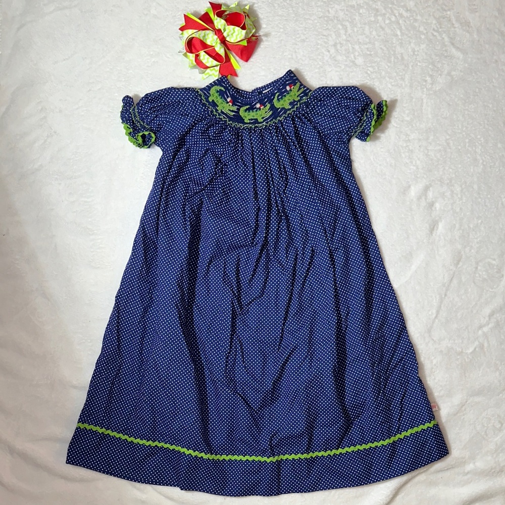 EEUC Lolly Wolly Doodle navy polka dot Santa alligator smocked dress 4
